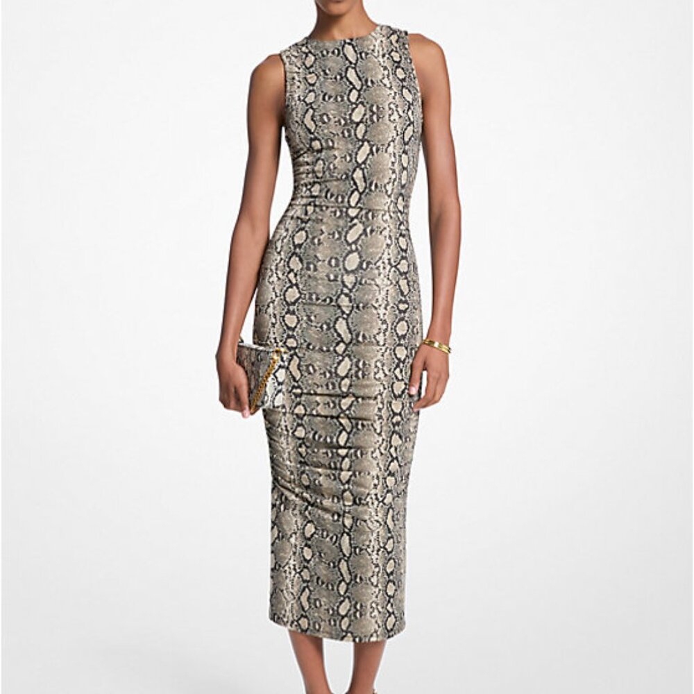 MICHAEL Michael Kors Snake Print Midi Dress in Beige and Black